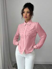 Elenzga 女式杏色串珠拼布长袖衬衫