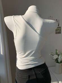 SHEIN EZwear 女士夏季优雅纯色褶饰单肩上衣 - 白色 - 查看 2