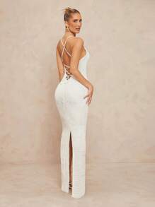 Lumalex Vestido ajustado con espalda al aire, cuello de camisa y textura perforada para mujeres