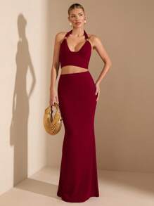 SHEIN BAE 女士简约露背针织休闲两件套西装套装，适合夏季度假