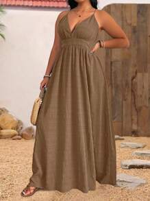 SHEIN Clasi Váy yếm hở lưng họa tiết màu trơn mùa hè cỡ lớn cho nữ đi biển/nghỉ dưỡng - Cà phê nâu - Xem 6