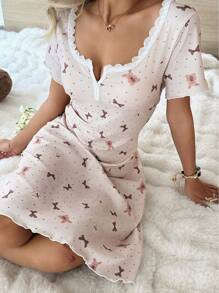CottageSlumber Lace Patchwork Square Neck, 2-Button, Bear & Bow Print Ribbed Short Sleeve Nightgown Babydoll Holiday Season Bountiful Floral Splendor  Cozy And Elegant Details - Khaki - View 1