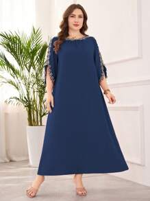 Lacomfia Elegant Embroidered Applique Plus Size Long Dress