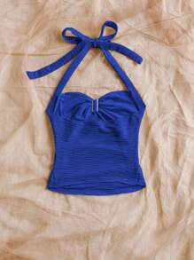 Soleia V 领花卉金属扣针织纹理贴身吊带背心，适合度假、音乐节、波西米亚风、节日和下午茶 - 寶藍色 - 查看 2