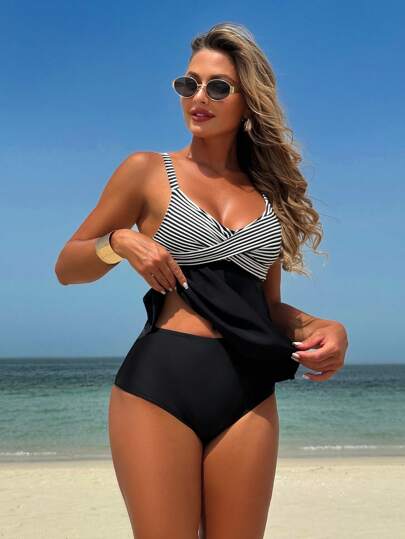 Swim Lushoire Conjunto de bikini de 2 piezas para mujeres, short de baño de cintura alta de tela texturizada y top de tirantes tipo camiseta para vacaciones y playa