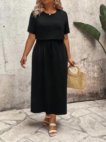 EMERY ROSE Plus Size Elastic Striped Cinched Waist Long Dress For Women, Spring/Summer - Black - View 4