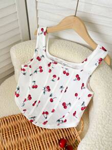 SHEIN Leap Crew Tween Girls Casual Cherry Print Square Neck Tank Top - White - View 1