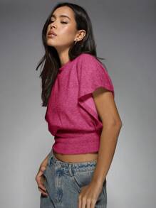 MISSGUIDED 针织短款蝙蝠袖上衣，腰部收紧，时尚休闲秋冬上衣，宽松肩部设计，适合春夏周末早午餐或日常穿着 - 玫紅色 - 查看 5
