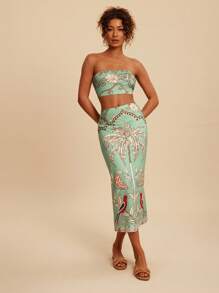 Travachic 2 件套女士花卉印花短款吊带背心上衣和裙子休闲度假装，女士两件套，女士度假装，波西米亚风，夏季 - 綠色 - 查看 7