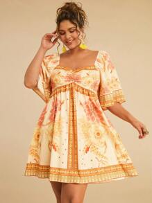 Travachic Vestido Curto Casual Feminino Plus Size de Verão Amarelo com Estampa Floral e Manga Bufante