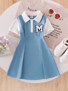 SHEIN Young Girl White Fashionable Letter Print Blue Collar Short Sleeve Casual School Style Cute Summer Dress Summer Holiday - Blue - View 1