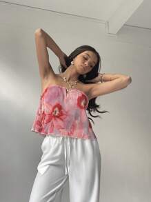 Aloruh Women Elegant Floral Print Bandeau Top, Summer