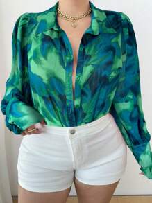 Elenzga Plus Size Women Tie-Dye Print Long Sleeve Single-Breasted Casual Shirt Fall Cloth For Women - Green - View 1