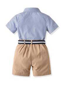 SHEIN 2 pezzi Set composto da camicia a maniche corte con ricamo di cavallo e pantaloncini beige per ragazzi, casual e comodo, adatto per primavera-estate, gite, vacanze, viaggi, relax, prendere il sole
