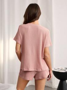 Bộ đồ mặc nhà đơn giản họa tiết bánh quế cho nữ - Bụi hồng - Xem 2