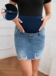 SHEIN Maternity Casual Washed Distressed Slim Fit Denim Mini Skirt