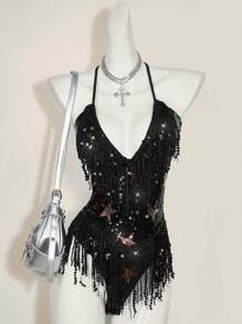 SHEIN ICON Y2K 90s Clothes Music  Festival Rave Deep V-Neck Pentagram Tassel Decor Backless Cross Strap Bodysuit