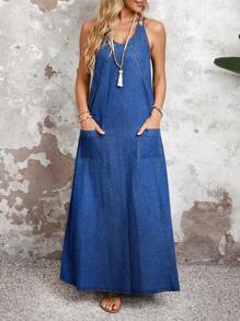 Breezaya Women's Long Denim Overall Dress With Dual Pockets - Blue - View 4