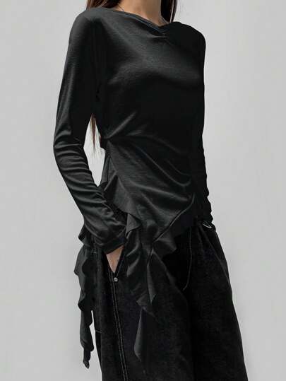 DAZY 女士纯色船领不对称下摆长袖 T 恤，白色，春秋装，秋季女装