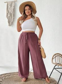 SHEIN CURVE+ 大码女装新款春夏商务休闲女士沙滩装，时尚通勤优雅阔腿裤，带口袋，海滩度假装 - 中紫紅色 - 查看 10