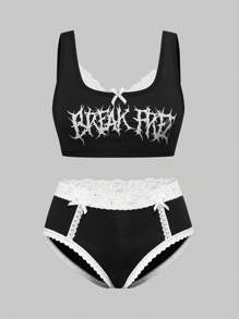 ROMWE Gothic Style Contrast Lace Camisole Top And Panty Bowknot Lingerie Set - Black and White - View 1