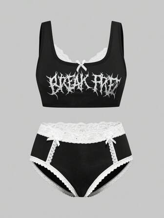 Goth طقم ملابس داخلية شرابات بياقة دانتيل بتصميم جوتي مع كشاكش وفيونكة