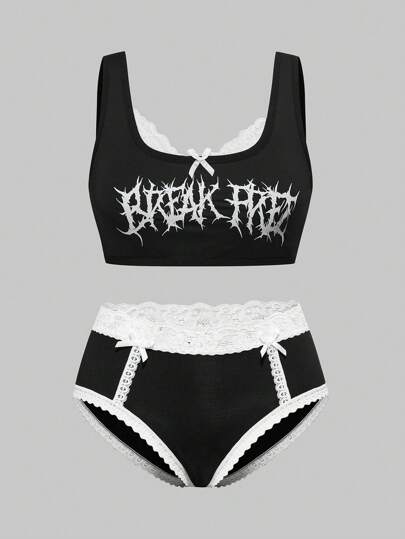 Gothic Style Contrast Lace Camisole Top And Panty Bowknot Lingerie Set