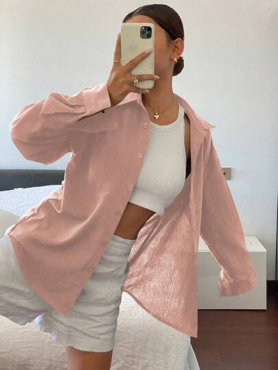 Livesso 纯色休闲百搭宽松长袖领口袋女式衬衫，春夏亚麻，秋季服装