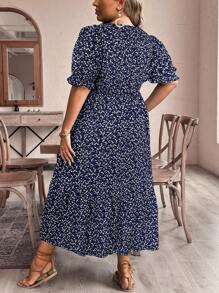 SHEIN VCAY Plus Size Vacation Casual Mini Ditsy Floral Puff Sleeve Dress Flowy Dress - Navy Blue - View 2