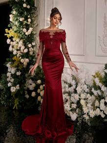 Glamrae Elegante y lujoso vestido de satén elástico de manga larga con aplicaciones de encaje bordado, diseño de cola de sirena, adecuado para bodas, fiestas, vacaciones, bailes de graduación y ocasiones formales (diseño de lujo), vestido de invitada de boda, vestido de noche, vestido de gala