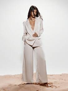 KIZN Luxurious Wide Leg Satin Palazzo Professional Business Office Formal Wear Work Suit Pants Trousers Wedding Special Occasion Elegant Evening Wear - Apricot - View 6