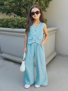SHEIN Tween Girls' Casual Woven Striped Sleeveless Asymmetrical Hem Tank Top And Relaxed Fit Pencil Pants 2 Pieces Set, Mint Blue, Back To School, French Chic, Fashion Commute