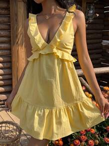 SHEIN EZwear 夏季奶油色 V 领荷叶边休闲假日迷你连衣裙 - 黃色 - 查看 8