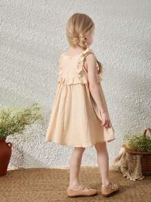 Blossori Young Girls Elegant French Style Apricot Floral Lace Trimmed Ruffle Hem Sleeveless Dress, Spring/Summer - Multicolor - View 2
