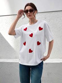 EURMUSE Casualowa koszulka z krótkim rękawem w kontrastowym kolorze z haftowanym sercem, lato