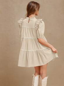 WESTFADE Contrast Trim Mock Neck Ruffle Sleeve Tiered Mini Dress Western Wear Women - Khaki - View 4