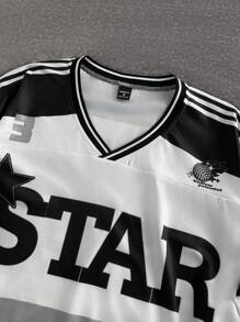 Manfinity Roghcode Manfinity Streetrush Men's V-Neck Short-Sleeved White Autumn Streetwear City Break Letter Print Ribbon Color Matching Los Angeles Graphic Star Jersey - White - View 5