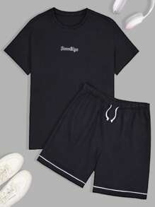 RueChic Ensemble de t-shirts réguliers pour hommes avec rayures et broderie de lettre détaillée