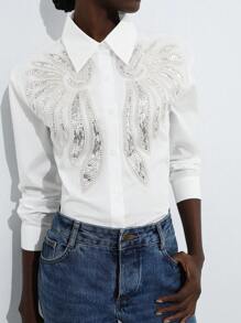 Aveloria Modichic 休闲重型天使翅膀串珠亮片长袖衬衫纽扣衬衫女士 - 白色 - 查看 3