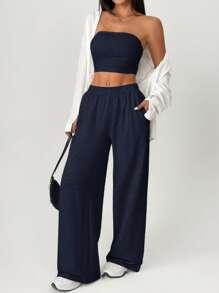 SHEIN PETITE Women's Solid Color Casual Trousers Two Pieces Set - Navy Blue - View 7
