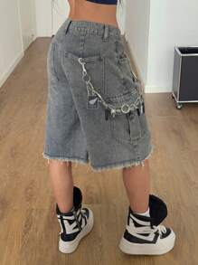 Coolane Casual losse denim shorts met wijde pijpen voor dames met meerdere klepzakken en gerafelde zoom