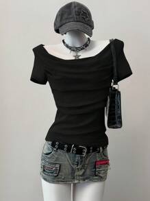 SHEIN EZwear Summer Western Wear Women Tops Black  Knit Women's Fitted Short Sleeve One Shoulder,Rave Top
