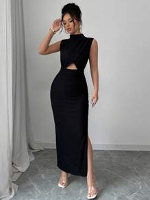 Rafferiza Petite Women's Solid Color Stand Collar Cut-Out Waist Side Slit Fitted Dress - Black - View 4