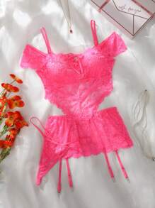 2pcs Set Plus Size Sexy Lace Lingerie Slip Dress, Casual & Fashionable For Daily Wear - Hot Pink - View 3