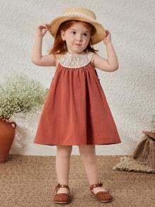 Blossori 女婴圆领无袖砖红色连衣裙，春夏 - 棕色 - 查看 6