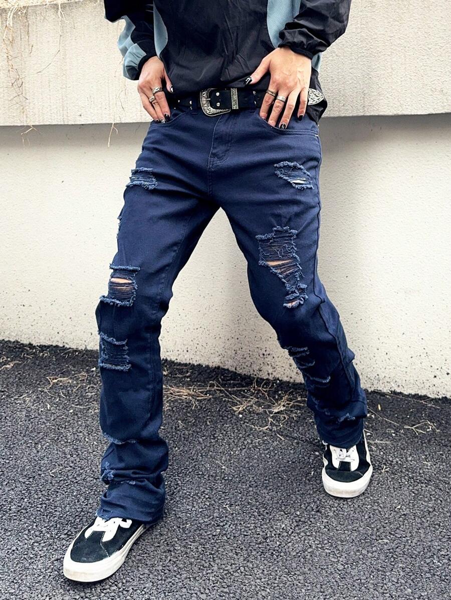 Manfinity EMRG Jeans pitillo casuales desgastados con dobladillo acampanado para hombre