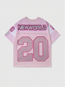 ROMWE MEN Prep Men's Sports T-Shirt With Rhinestone Decor Mesh Panel, Athletic Jersey - Pink - View 2