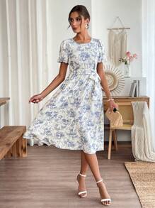 EMERY ROSE Damen Lässig Urlaubsstil Kleid mit Blume Muster und Rundhalsausschnitt, Kurzarm - Babyblau - Übersicht 8