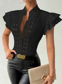 Chiquease 女式花卉拼布立领短袖纽扣衬衫