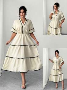 Elenzga Women's Plus Size Contrast Color Textured Fabric Casual Vacation Dress - Apricot - View 1